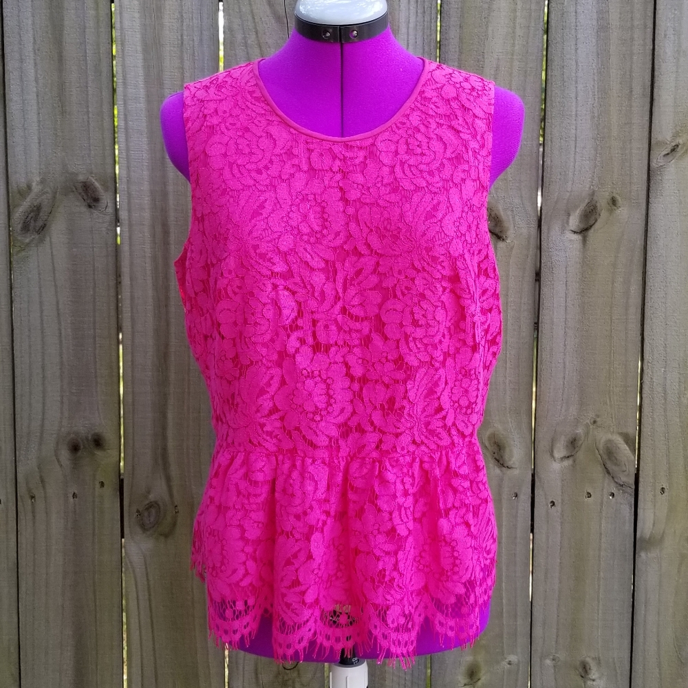 J Crew Hot Pink Peplum Lace Sleveless Top - Picture 2 of 7